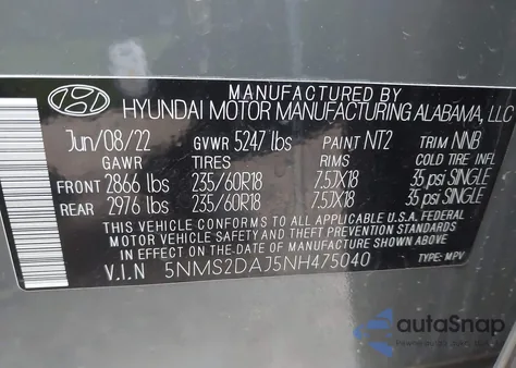 2022 Hyundai Santa Fe Sel z USA, uszkodzony, nr VIN 5NMS2DAJ5NH475040